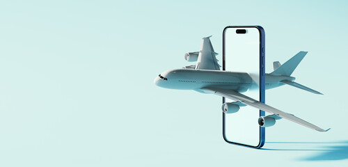 Online plane tickets. Airplane passes through smartphone screen on blue background with copy space. 3D Rendering, 3D Illustration © hd3dsh