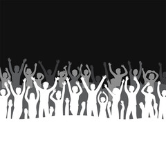 Cheering crowd silhouette background, excited people raising hands celebration party event vector illustration banner design