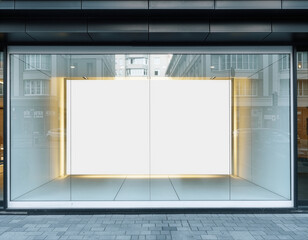 Large blank billboard mockup inside a modern glass storefront window display