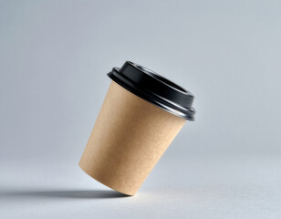 Minimalist craft paper coffee cup mockup with black lid on gray background