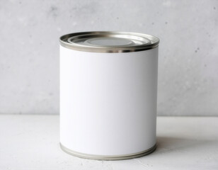 Blank cylindrical tin can mockup with white label on a concrete background