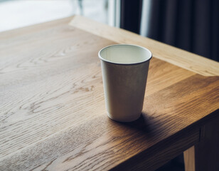 White paper cup mockup on a wooden table in a bright interior