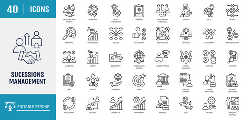   Succession management icon set. Includes skills, leadership, human resources, evaluation, replacement, planning and more. Outline icon set. Vector illustration with editable stroke © Control New