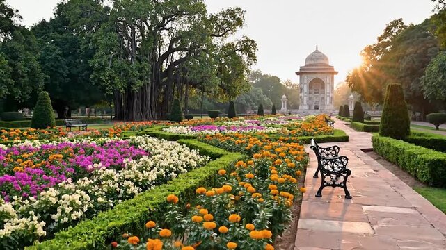 Vibrant marigolds and colorful blossoms thrive in a sunlit garden