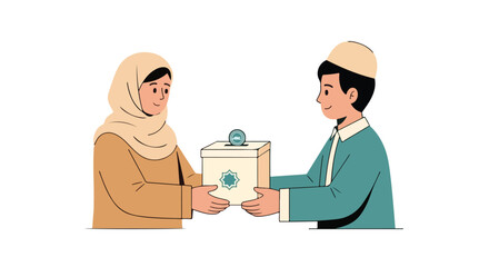 Obraz premium Illustration of a Muslim man and woman exchanging a zakat or charity box with a white background and flat design style.