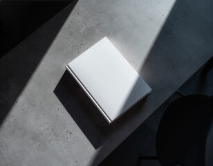 Minimalist white book cover mockup on gray concrete surface with dramatic shadows