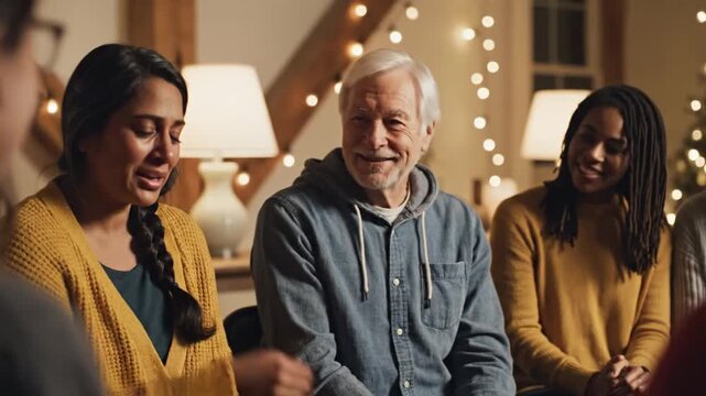 Crying woman talks in diverse support group gathering with friends