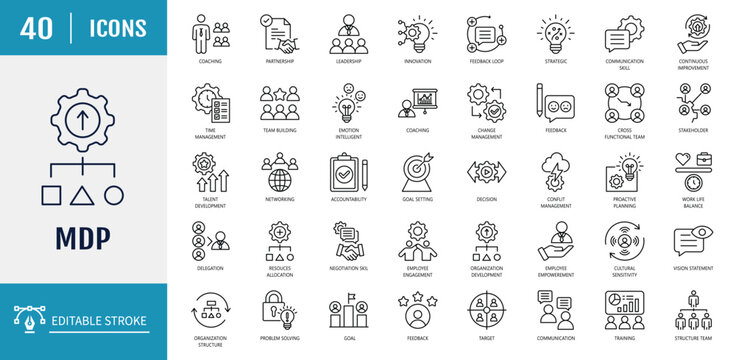 Management development program of mdp concept icon set. Includes leadership, strategic, decision making. Vector illustration with editable stroke