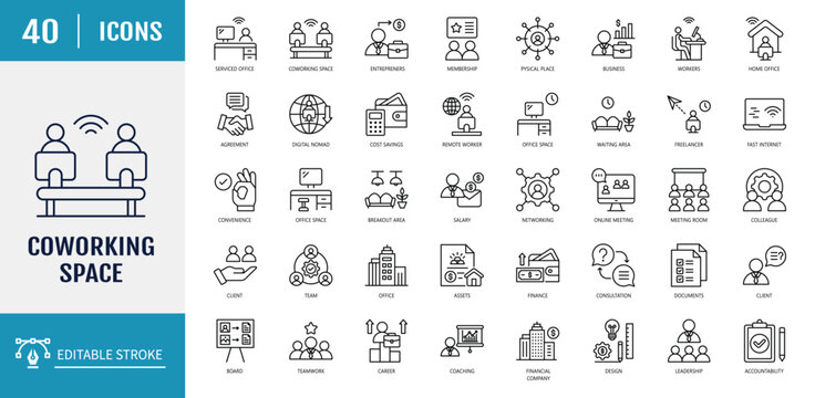 Coworking space icon set. Includes workers, cost savings, share, convenience, receptionist, home office, remote. Outline icon set. Vector illustration with editable stroke