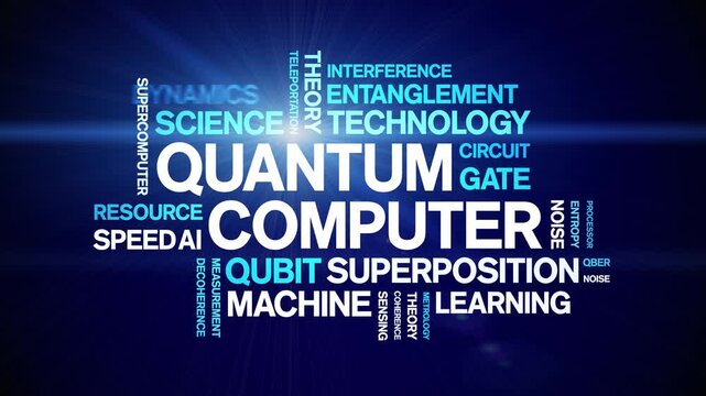 Quantum Computer animated word cloud-text design animation tag kinetic typography seamless loop.