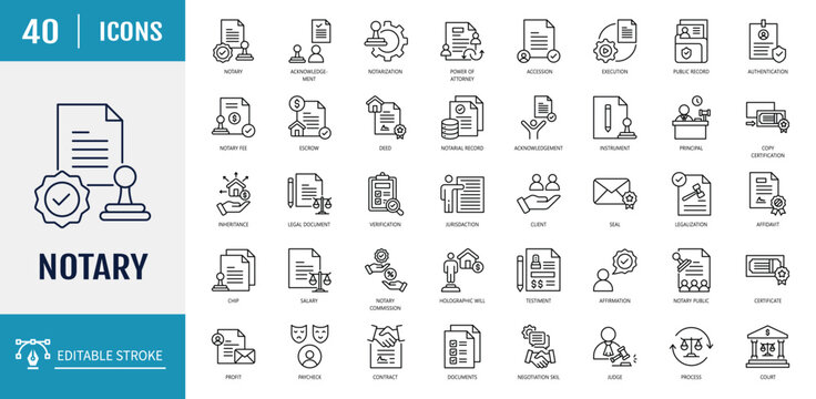 Notary icon set. Outline icon set. Vector illustration with editable stroke
