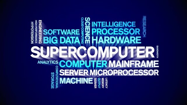 Supercomputer animated word cloud-text design animation tag kinetic typography seamless loop.
