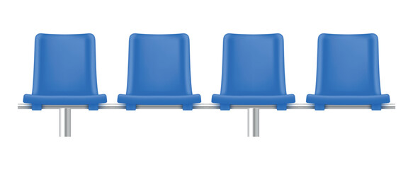 A row of plastic seats on a metal frame that provide seating for fans or spectators in stadiums during sporting events or other mass gatherings