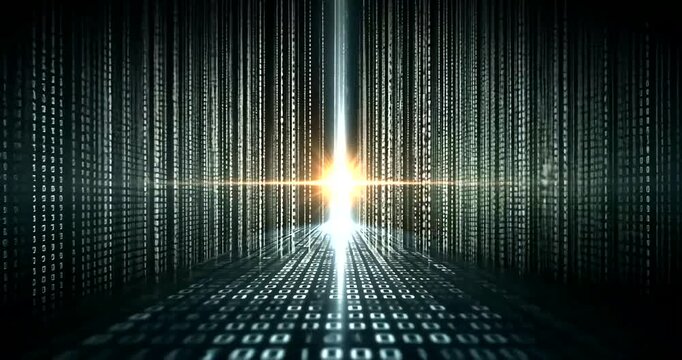 Glowing light exits digital tunnel of binary code matrix in futuristic technology environment 