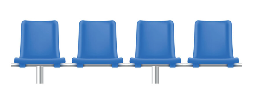 A row of plastic seats on a metal frame that provide seating for fans or spectators in stadiums during sporting events or other mass gatherings