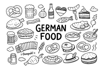 German food doodle set, hand drawn Germany cuisine symbols, Oktoberfest snacks and traditional meals in line art style