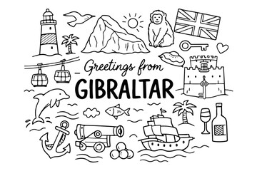 Gibraltar travel doodle set, hand drawn symbols and landmarks of the Rock, monkeys and nautical icons in line art style