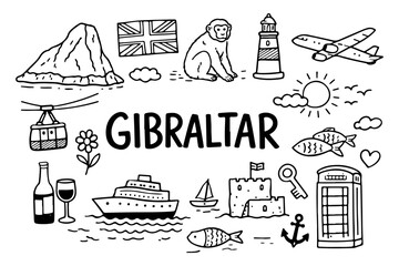 Gibraltar travel doodle set, hand drawn symbols and landmarks of the Rock, monkeys and nautical icons in line art style