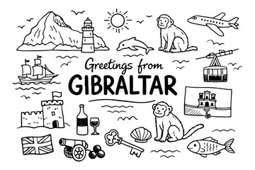 Gibraltar travel doodle set, hand drawn symbols and landmarks of the Rock, monkeys and nautical icons in line art style