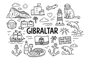 Gibraltar travel doodle set, hand drawn symbols and landmarks of the Rock, monkeys and nautical icons in line art style