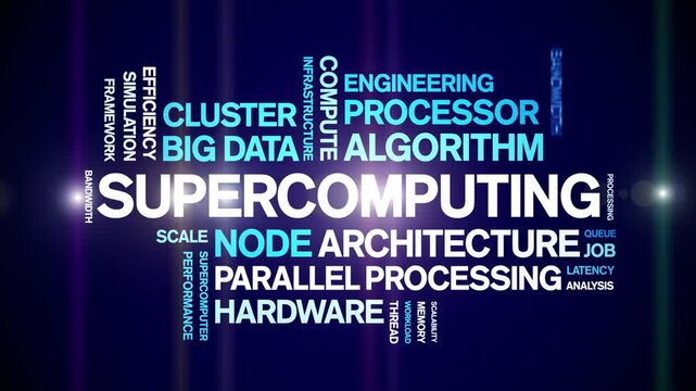 Supercomputing animated word cloud-text design animation tag kinetic typography seamless loop.