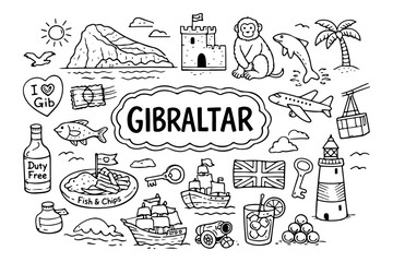 Gibraltar travel doodle set, hand drawn symbols and landmarks of the Rock, monkeys and nautical icons in line art style
