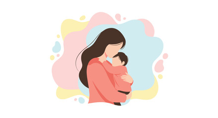 Obraz premium A contemporary flat illustration depicting a loving mother gently hugging her baby set against a backdrop of soft abstract and colorful organic shapes beautifully symbolizing, Generative AI.