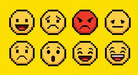 Retro 8-Bit Pixel Art Emoji Set with Diverse Expressions for Game UI