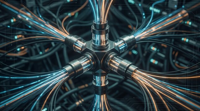 An intricate network of data cables, illuminated by an ethereal glow. A captivating digital age vision.