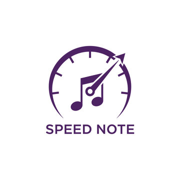 Fast music streaming app logo design featuring a speedometer combined with a musical note symbol for audio production services SPEED NOTE