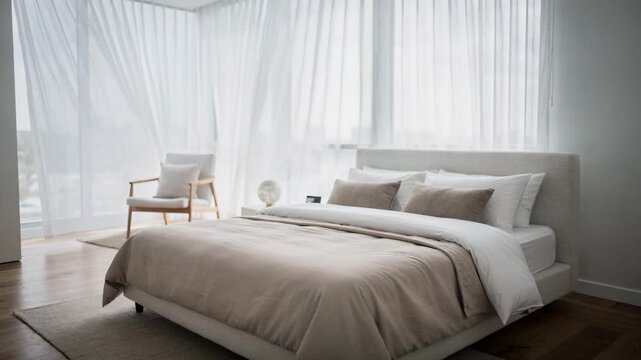 Bright modern bedroom with neatly made bed and sheer curtains glowing in natural daylight. Clean minimalist interior design concept for home and lifestyle.
