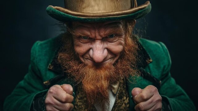 Angry leprechaun in emerald costume clenching fists under moody light embodying mythical temper folklore humor and dramatic fantasy character portrait