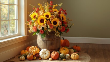 A vibrant autumn display with a large bouquet of sunflowers and an assortment of pumpkins