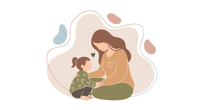 A touching flat illustration depicting a loving mother gently comforting her young child as they sit together holding hands symbolizing warmth support emotional connection, Generative AI.