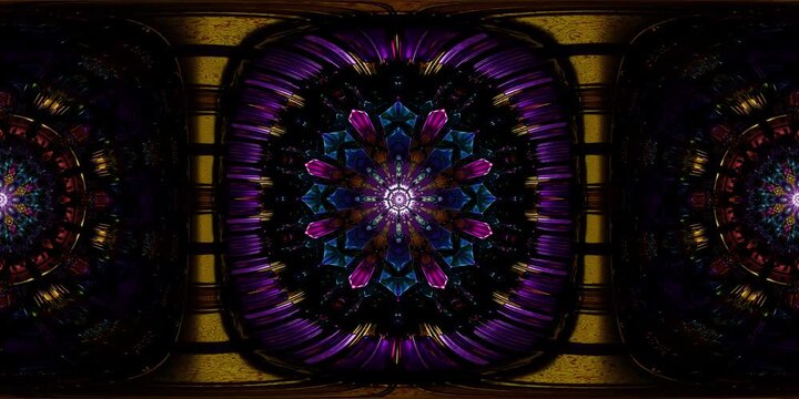 Spiritual VR 360 mandala loop built in sacred geometry as equirectangular HDRI spherical map, crafted for dome projection, metaverse worlds and immersive VJ visual environments
