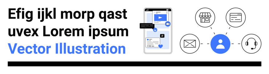 Digital communication, user interaction, online networking, mobile apps, business services, customer engagement. Mobile app interface with various connected icons and user element. Digital