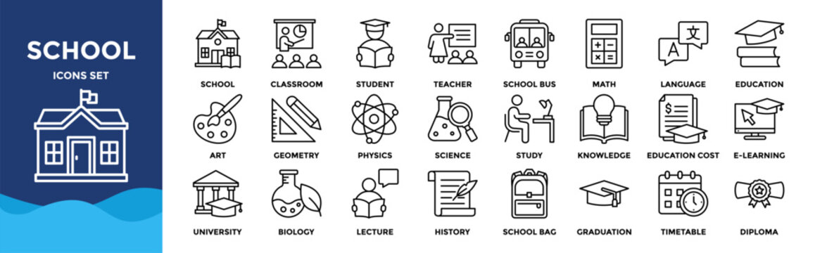 School icon set collection. Containing classroom, students and teacher icons. Education and knowledge