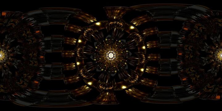 Sacred geometry mandala in immersive VR 360 format designed as equirectangular environment map and HDRI spherical loop for spiritual dome projection, metaverse spaces and VJ visuals
