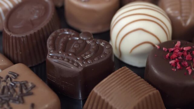 Mixed praline chocolates shown in close-up with decorative toppings on black background emphasizing surface textures