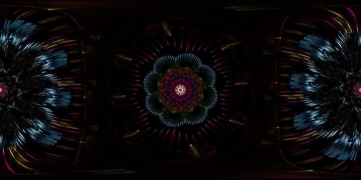 Immersive sacred geometry mandala VR 360 loop rendered as equirectangular environment map and HDRI spherical projection, built for dome spaces, metaverse scenes and VJ rituals
