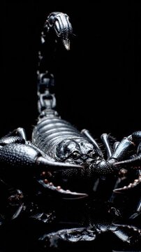 A menacing black scorpion with a llic sheen stands poised against a dark