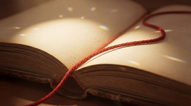 An open old book with yellowed pages and a red bookmark rests on a surface, bathed in soft sunlight that casts a warm, inviting glow, suggesting a quiet moment of reflection and discovery.