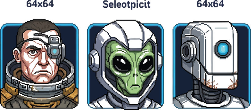 A collection of three distinct 64x64 pixel art profile portraits featuring a cyborg human alien and a rusted robot character design for games.
