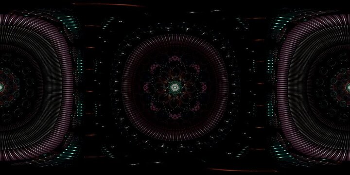 Spiritual mandala VR 360 loop structured in sacred geometry as equirectangular environment map and HDRI spherical dome visual for immersive metaverse environments and VJ stages
