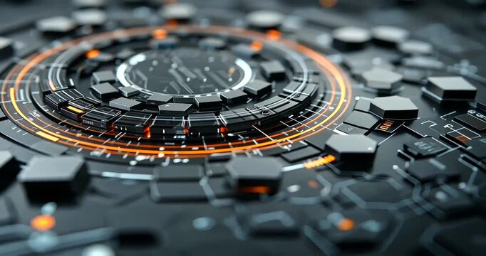 A futuristic digital circuit board with glowing orange lights and hexagons