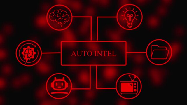 Auto Intel Concept with Brain, Light Bulb, Gear, Robot, T V, and File on Dark Background artificial intelligence