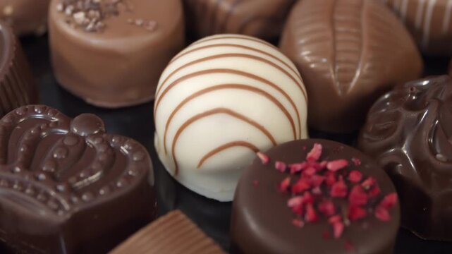 Assorted praline chocolates laid out on dark surface with patterned shells, sprinkles and cocoa dust in detailed view