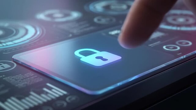 Finger touching biometric fingerprint scanner on smartphone screen representing secure digital authentication and mobile cybersecurity technology concept