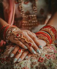 Adorned Hands of an Indian Bride with Traditional Jewelry