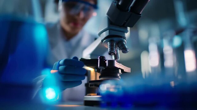 scientist working with a microscope in a lab, close-up macro composition with the microscope objective turret and stage sharply focused, blue-gloved hand adjusting focus knobs